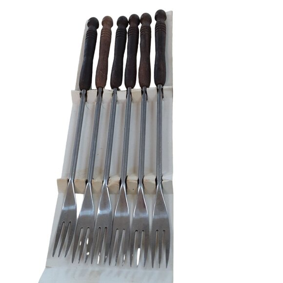 Cutlery Fondue Serving Forks Wood Handle Stainless Steel Vintage Set Of 6 - Picture 1 of 3
